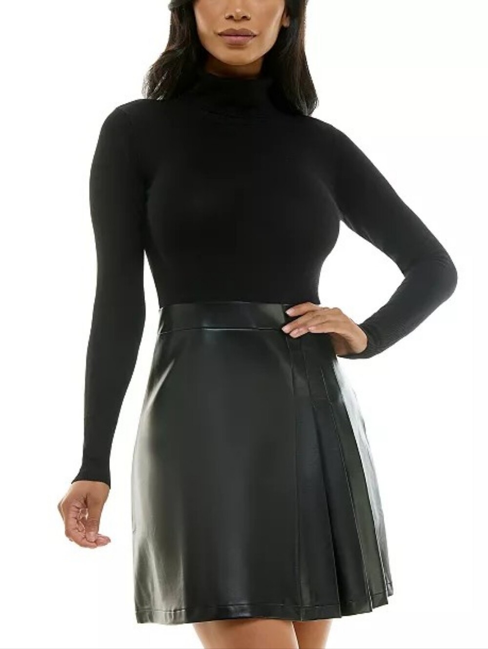 by & by Black Pleated Faux Leather and Sweater Knit Dress